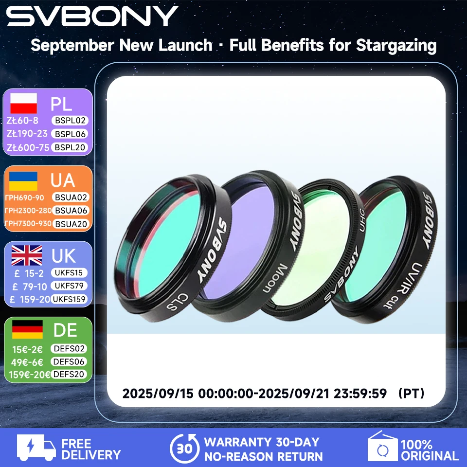 

SVBONY 1.25''/ 2" Filter UHC+CLS+Moon+UV/IR Cut Filter, Astronomy Telescope Monocular Astronomical Observations