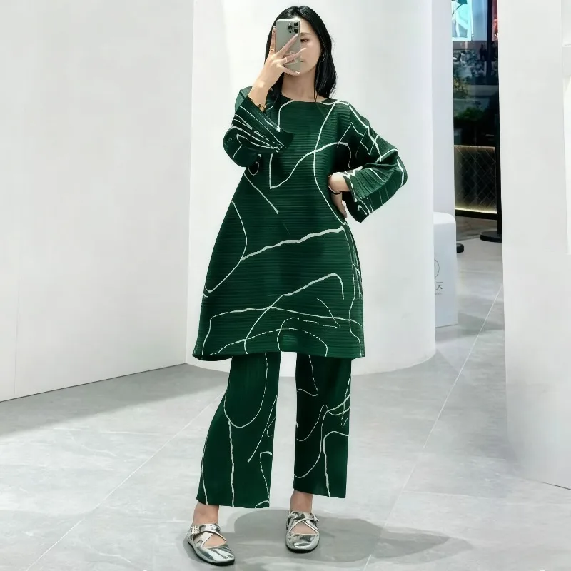 Miyake Pleated Women's Tops Long Spring Dresses Fall Limited Simple Loose Straight Pants Set Fashion Commuter Wear Woman Clothes