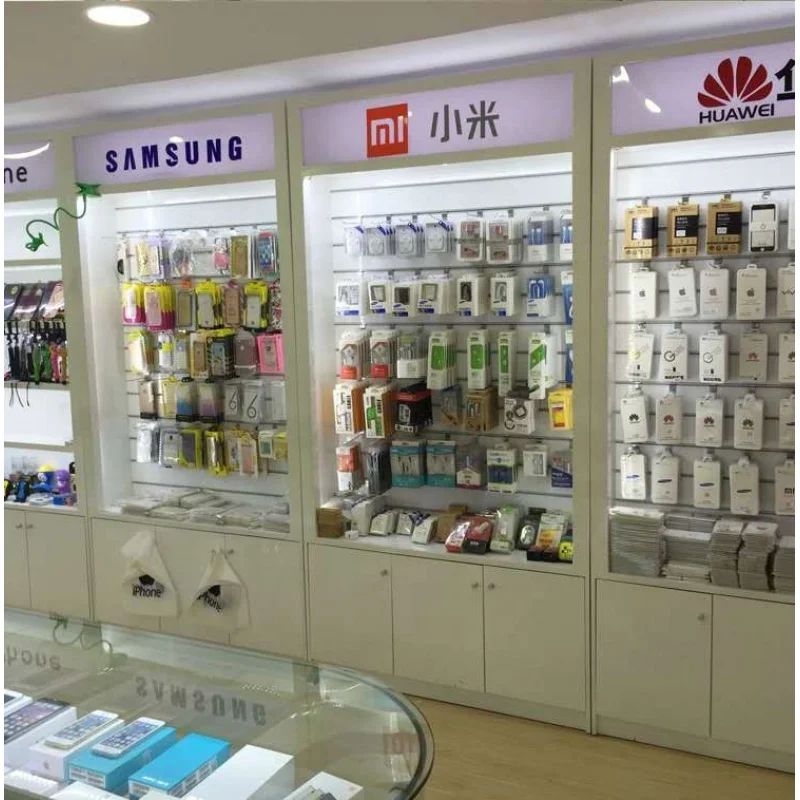 2025customized.Acrylic Phone Display Stand Wooden Cell Phone Accessories Display Shelf Rack Mobile Phone Shop Furniture