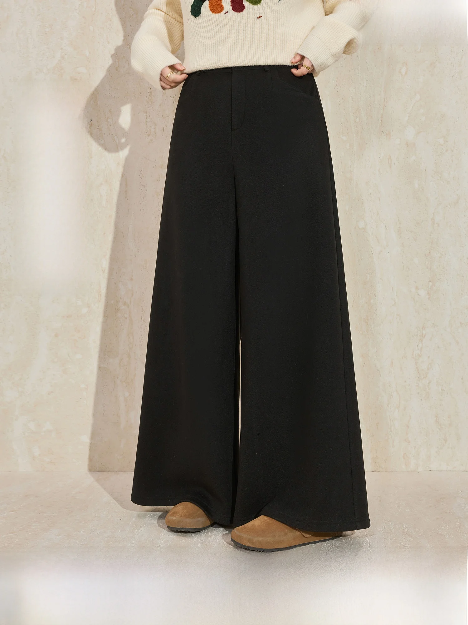 

Синие шерстяные брюки больших размеров с эффектом звездного неба, теплые, прямые, повседневные, широкие, женские, зимние, с высокой талией, утягивающие фигуру