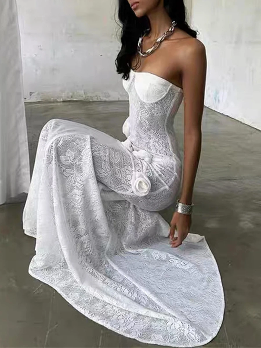 TWOTWINSTYLE Slimming Sheer Spliced Lace Sexy Long Dresses for Women Strapless Sleeveless Patchwork 3D Flower Dress Female New