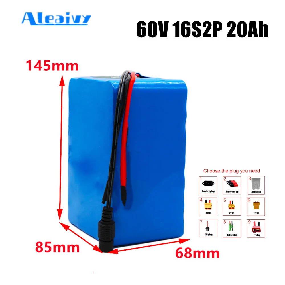 60V 16S2P 20Ah 18650 Li-Ion Rechargeable Battery Pack 67.2V 20000mAh Electric Bike Scooter Battery with 30A BMS 750W 1000Watt