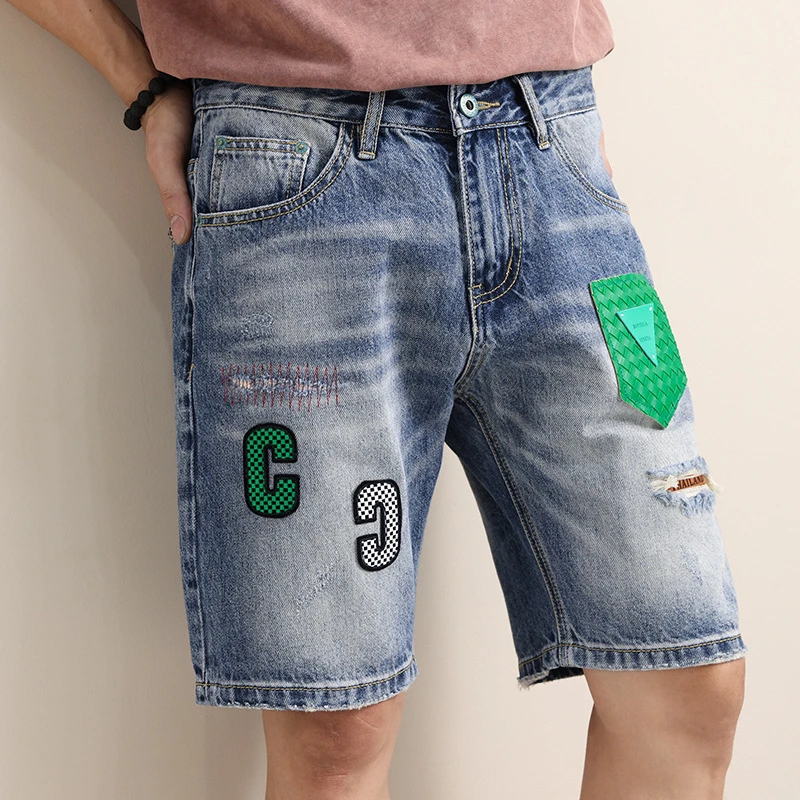 

EH·MD® Leather Micro Chapter Embroidered Denim Shorts Men's Summer Light Blue Letter Decoration Cotton Slim Pants Trend High End