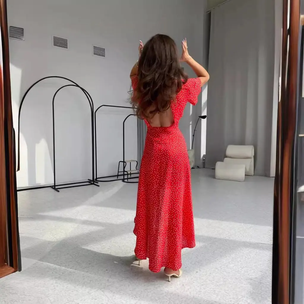 Vestido sin espalda con volantes y tirantes de lunares para mujer Diseño con abertura Detalle recortado Estilo popular