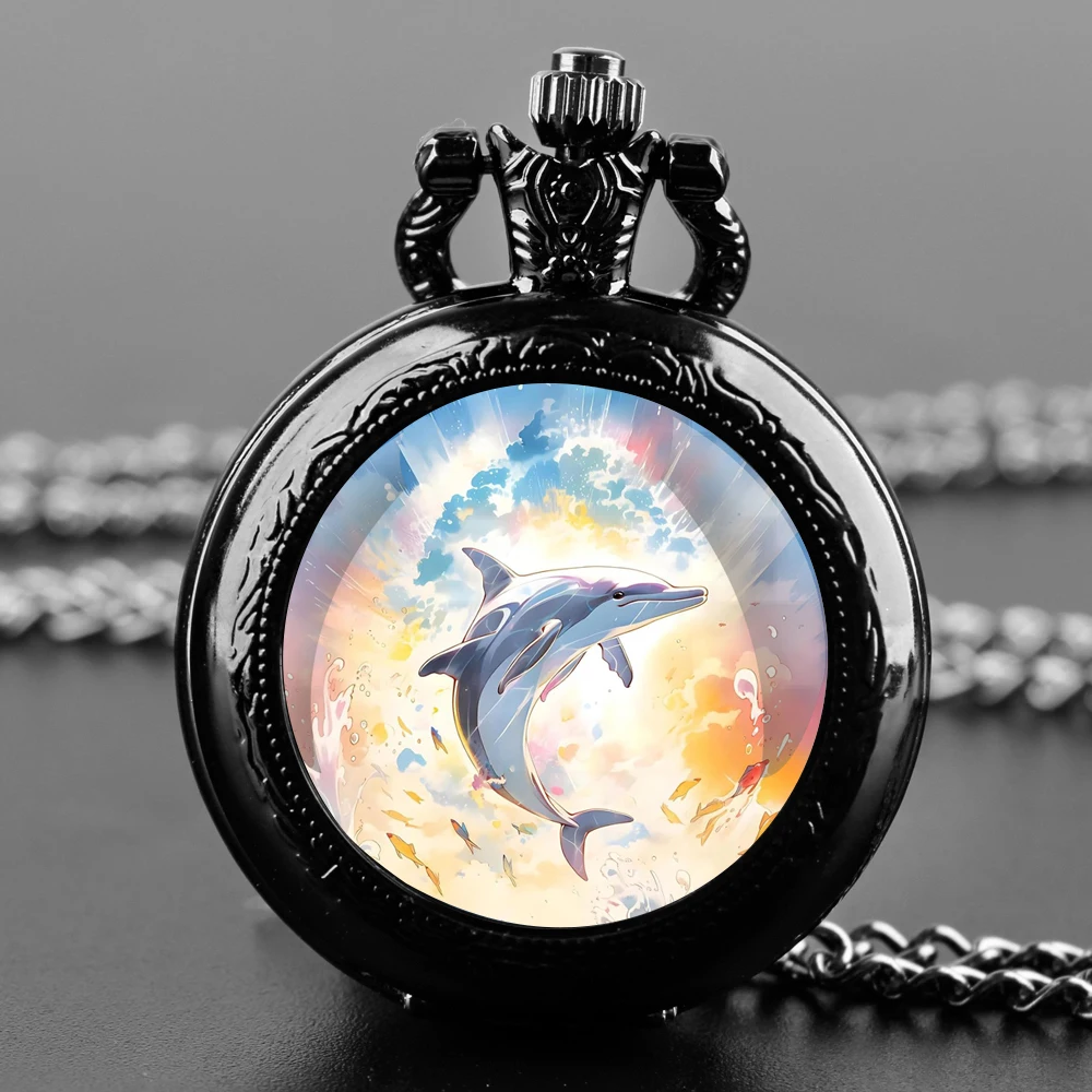 Whale Design Glass Dome Quartz Pocket Watch With Durable Chain Arabic Numeral Dial For Men And Women Creative Gifts