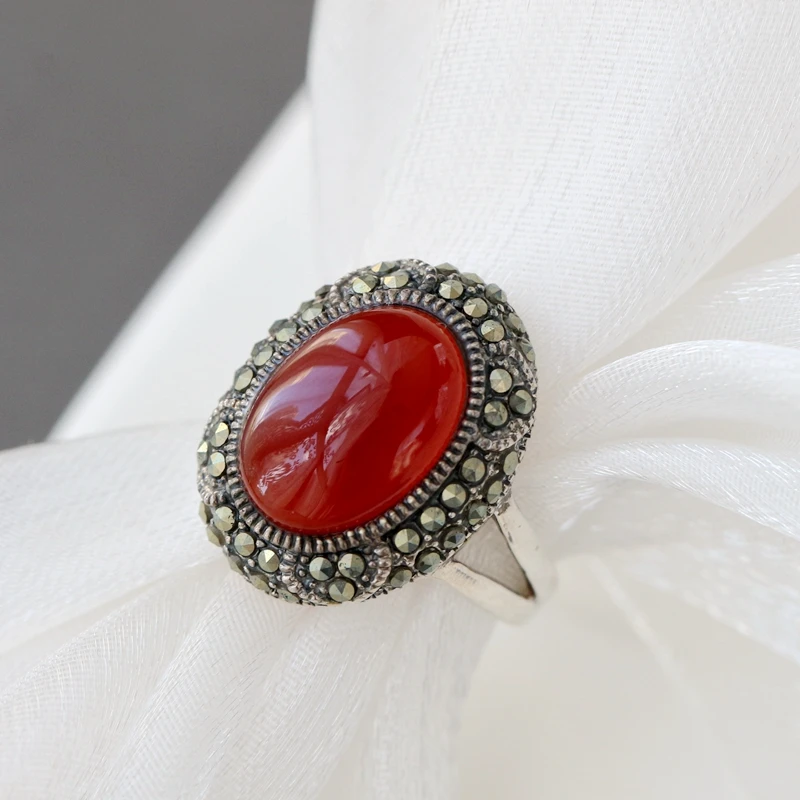 

Authentic 925 Sterling Silver Rings Inlaid Natural Red Agate Lady Retro Charm Silver Ring National Style Jewelry Gift