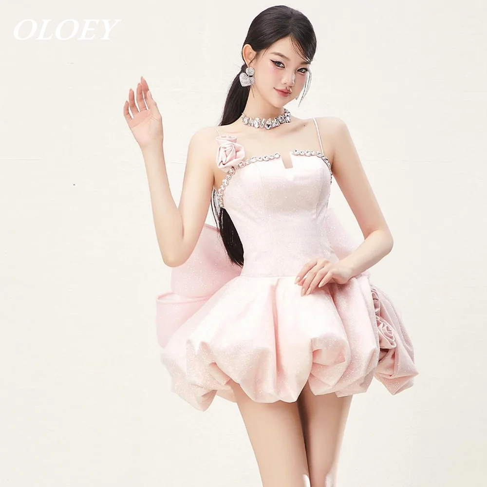 

OLOEY Elegant Gliter Pink Short Prom Cocktail Dress Crystals Pleat Flower A Line Mini Wedding Birthday Party Gown Customized