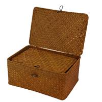Seagrass Storage Baskets With Lids, Woven Rectangular Basket Bins, Wicker Storage Organizer For Shelf, Set Of 4-B09B