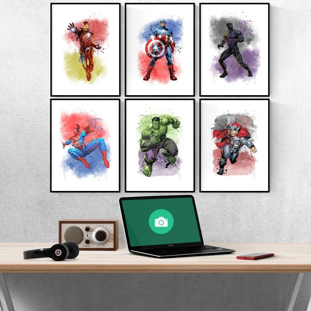 

Disney Super Heroes Watercolor Painting Set of 6 Spiderman Print Poster Iron Man Hulk Disney Style Kids Room Decor Home Decor