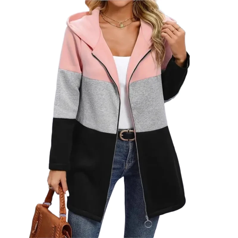 

2026 весенняя модная женская повседневная куртка, свободная контрастная цветная куртка с капюшоном, три цвета, топы на молнии, женская одежда