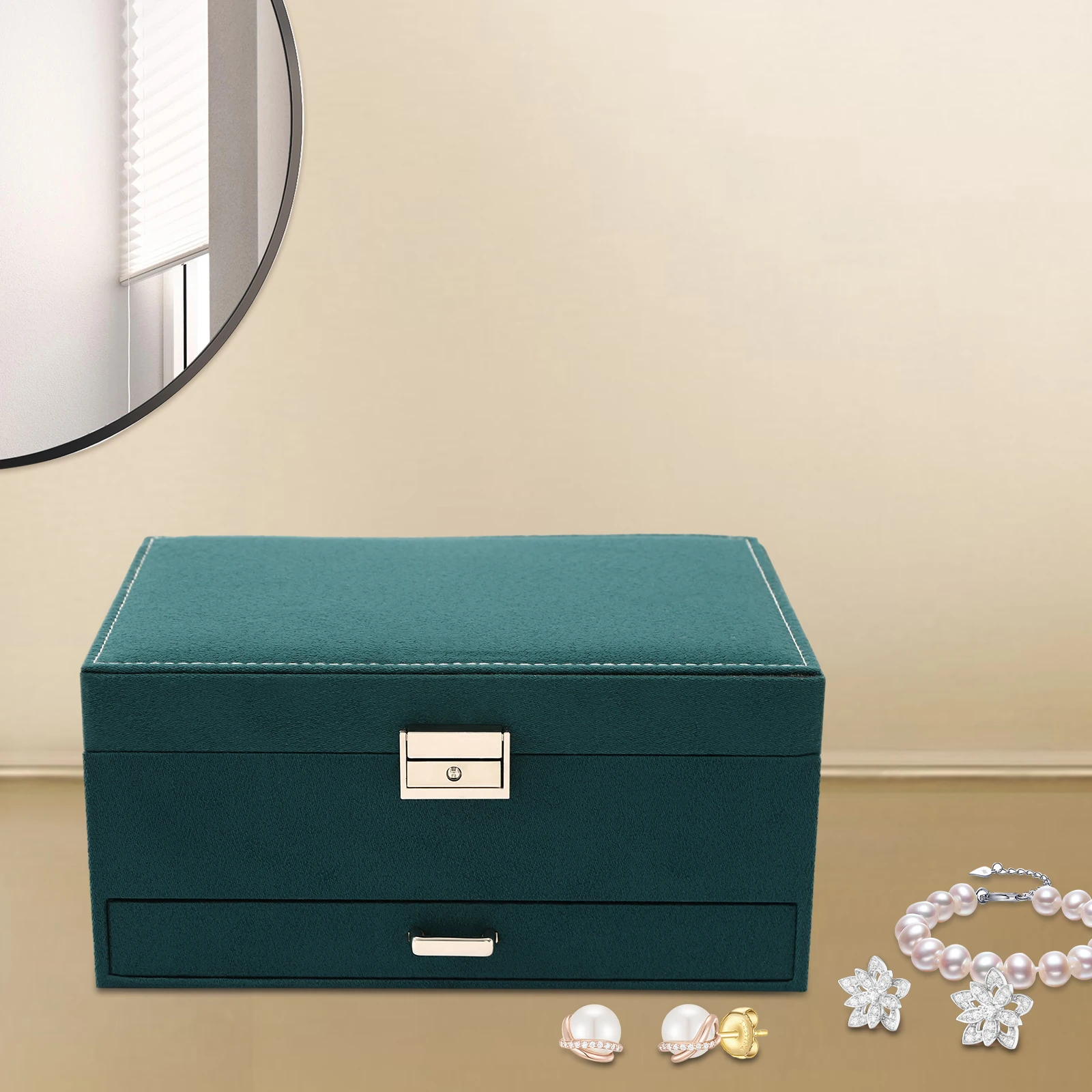 

3-Tier Drawer Jewelry Box, Dark Green, Jewelry Organizer, Jewelry Box, for Earrings Necklaces Rings Storage