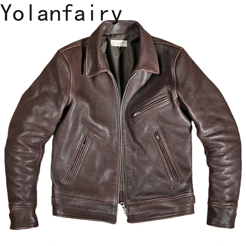 

YOLANFAIRY Heavyweight 2.0-thick Genuine Leather Jacket Men Vintage Retro Full Grain Top Layer Cowhide Jackets Real Leather Coat