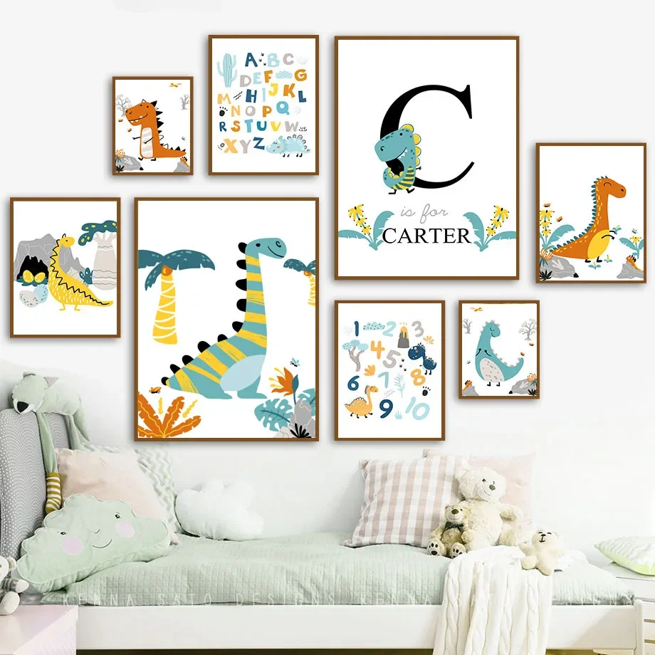 

Number Alphabet Cute Dinosaur Customize Nursery Wall Art Canvas Painting Nordic Posters And Prints Wall Pictures Kids Room Decor