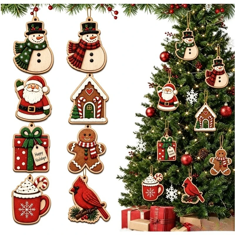 12-teiliges Weihnachtsdekorations-Set aus Holz, Geschenkanhänger, Weihnachtsbaum-, Kamin- und Fensteranhänger, Weihnachtsparty-Zubehör – Detail 12