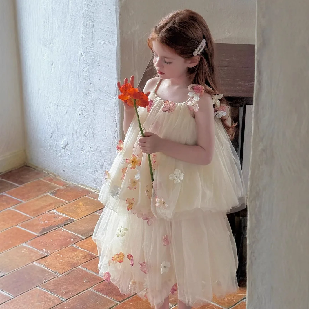 2025 Summer New Children Clothing Girls Three Dimensional Flower Strap Top Skirt Korean Children Petal Princess Skirt