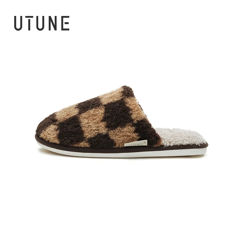 

UTUNE Checkerboard Women Home Plush Slippers Striped Warm Anti-slip Soft Sole Couple Fur Bedroom Shoes Indoor Mute Winter Slide