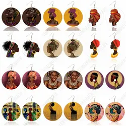 SOMEHOUR Afrocentric Ethnic Headwrap Woman Art Wooden Drop Earrings Black Queen Tribal Comb Design Print Loops Dangle Jewelry