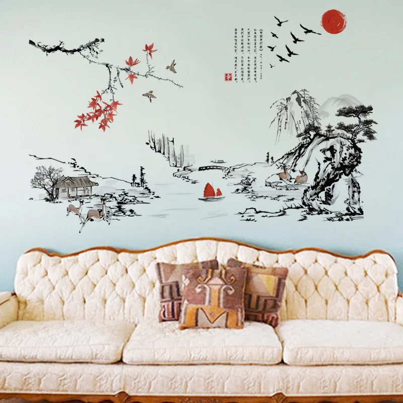 Chinese style removable TV sofa background waterproof wall sticker