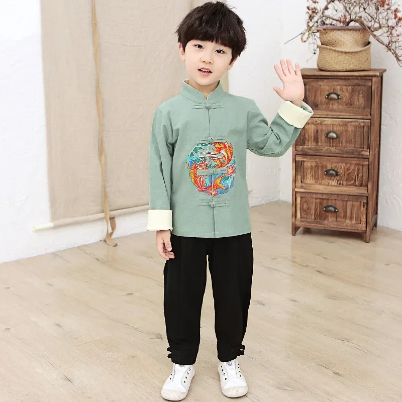 الأولاد أزياء مسرحية التطريز الأسماك Hanfu مجموعة السنة الجديدة النمط الصيني تانغ الملابس مجموعة 2 قطعة طويلة الأكمام الزي قميص وسراويل