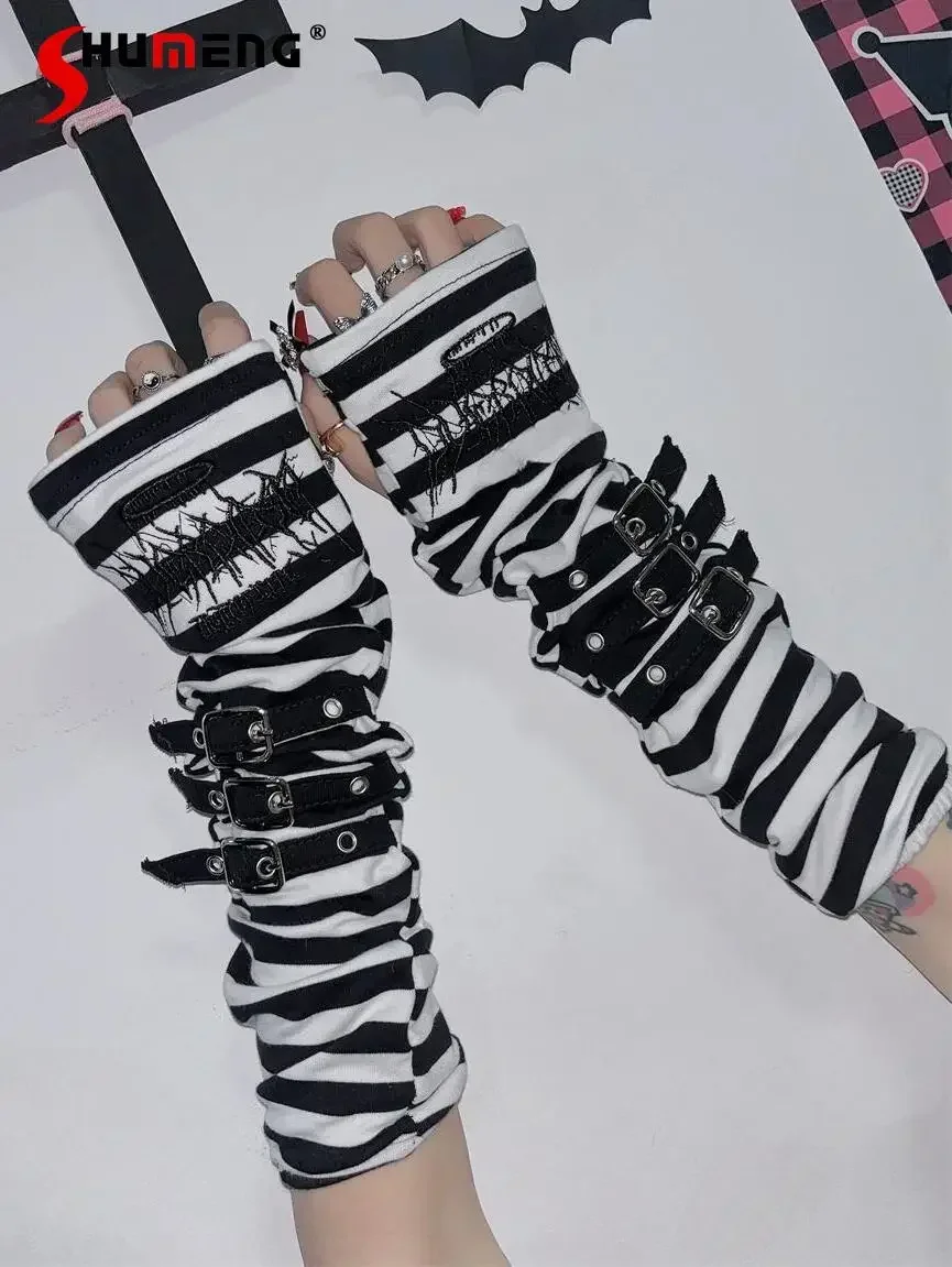 Japanese Harajuku Millennium Hot Girl Embroidered Striped Arm Sleeves Women Black Gloves Half Finger Oversleeve Y2k Accessories