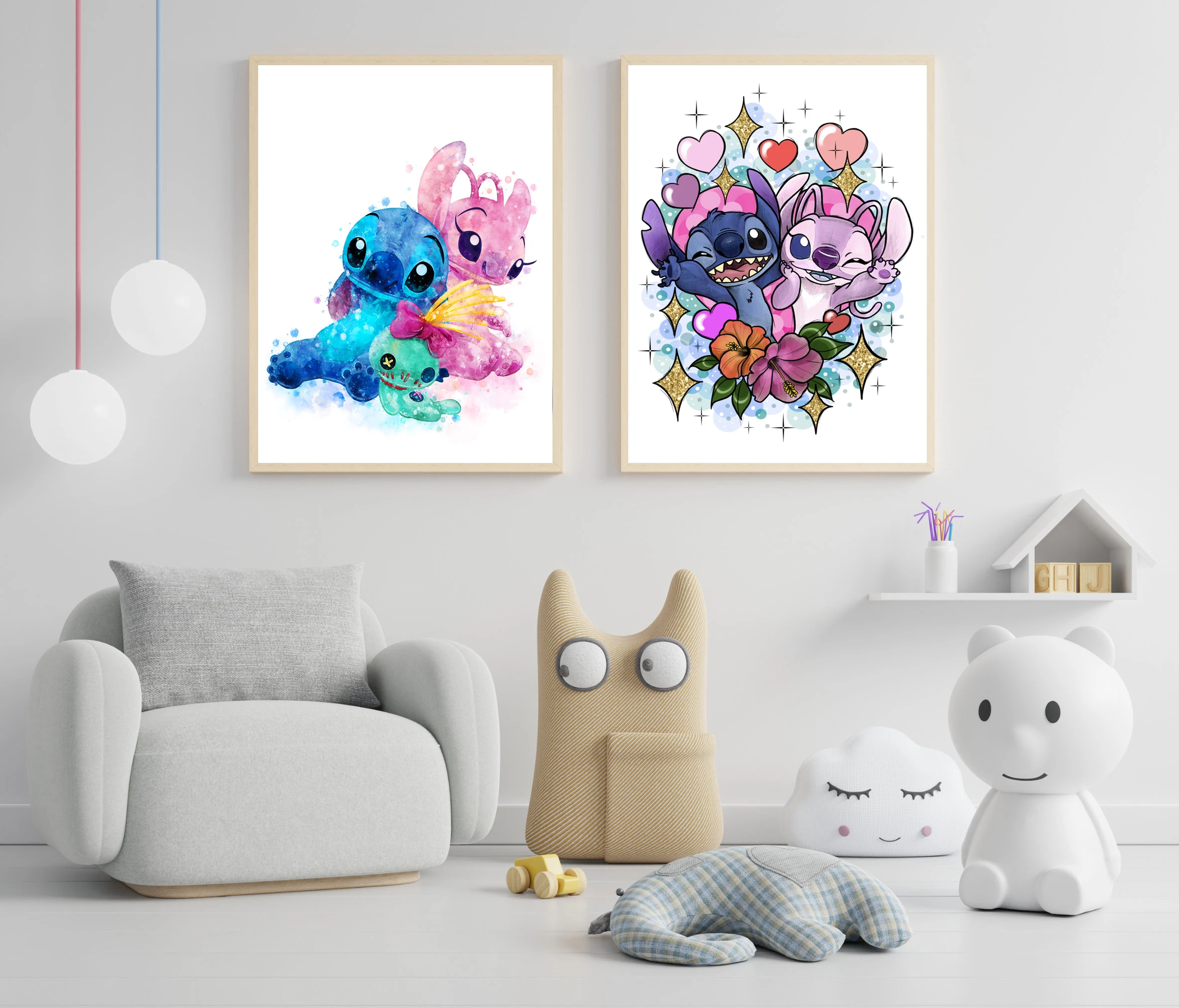 

MINISO Stitch Angel Scrump watercolor Art Print Stitch Angel Canvas Poster Disney Wall Art For Nursery Kids Room Decor