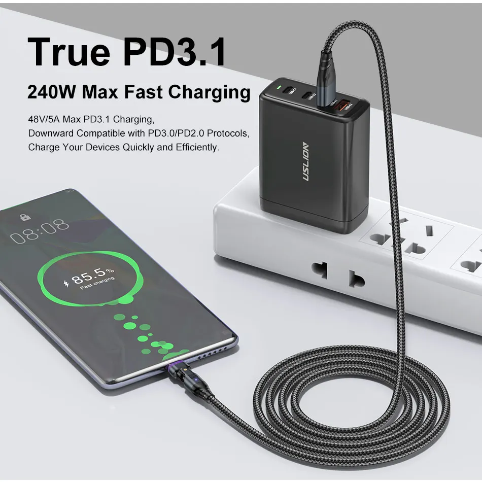 Kabel pengisi daya ponsel PD 240W, kabel pengisi daya USB C magnetik, kabel pengisian cepat, kabel pengisi daya ponsel PD3.1 untuk ponsel tipe C mikro Xiaomi Huawei Samsung