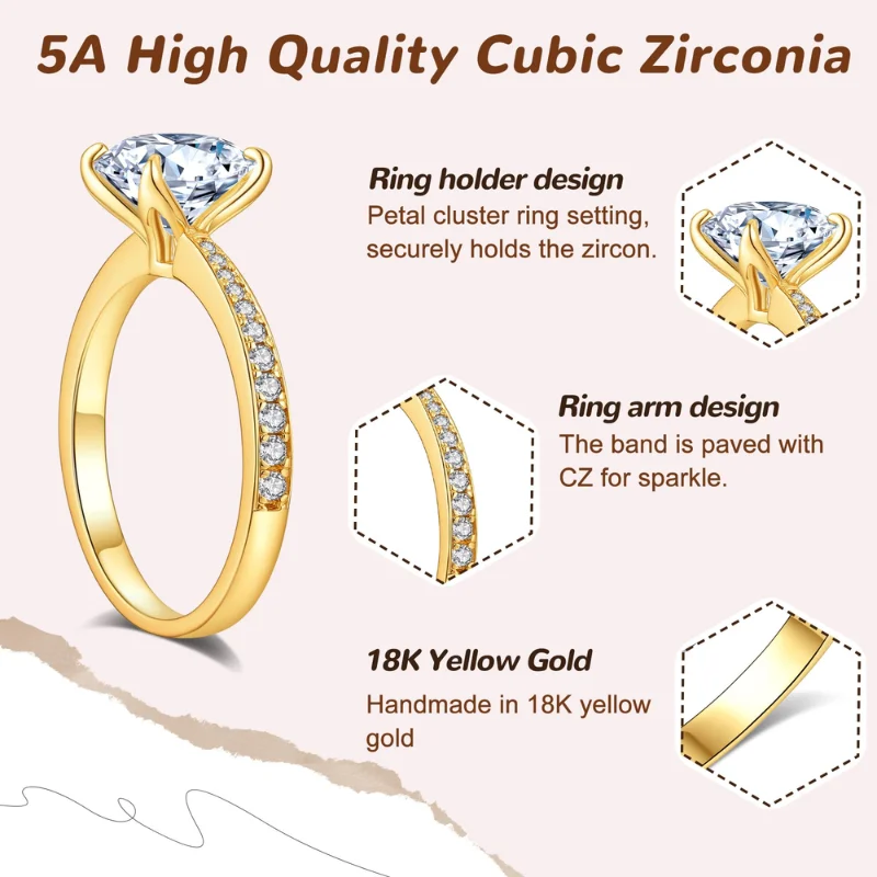 Sparkling Rings with Round Cubic Zirconia 1-4ct Fresh Stylish Engagement Accessories with 18K Yellow Gold Plated for Women Party Fine Cocktail Jewelry