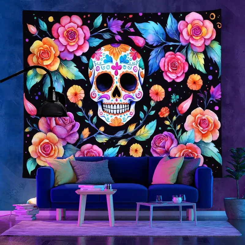 VIKAMA Painted Flower Skull Rose Tapestry Wall Decoration Living Room Background Wall Room Decoration Home Decoration