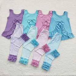 Wholesale Baby Girl Cotton Bow Open Back Tank Top Striped Ruffle Pants Spring Fall Children Kid Infant New Sets Toddler Outfit