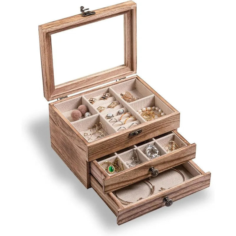 Caja de joyería de madera maciza, baratijas portátiles, cajas de almacenamiento para exhibición de joyería, organizador de pendientes, soporte para anillos, escaparate, caja de pulseras