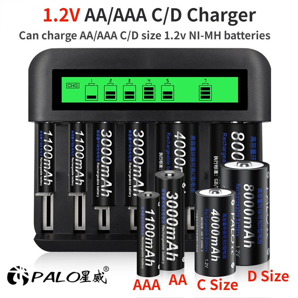 

PALO USB LCD Fast Charger for 1.2 Volt AA AAA C D Battery Chargers 8 Slots For 1.2V AA AAA SC C D NIMH NICD Rechargeable Battery