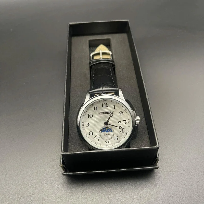 Orologio da uomo nuovo Orologio al quarzo di tendenza per il tempo libero, orologio Sun Moon Star, orologio in vera pelle, orologio rotondo in acciaio inossidabile, regalo di compleanno