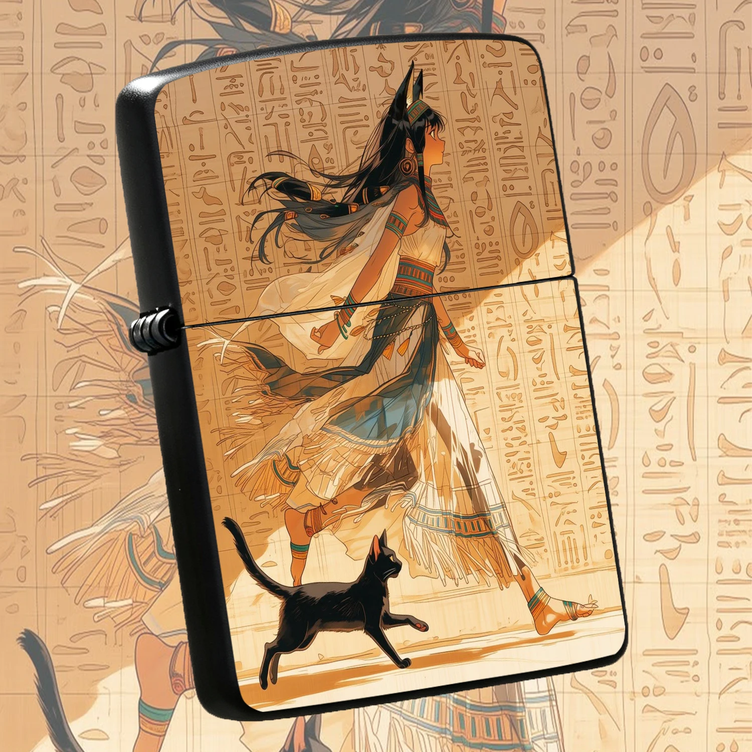 Vintage Egyptian Style Lighter With Bastet Girl And Black Cat Print Exotic Hieroglyph Wall Art Pattern Portable Creative Accessory For Daily Carrying Ideal Unique Decorative Gift For Friends Collectors Suitable For All Scenes A Humorous And