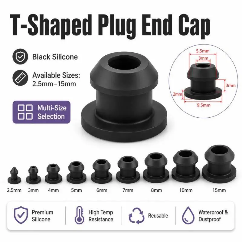 5/10/15/20/25pcs Black Silicone T Type Hole Plug,Snap-on Rubber Tube Inserts Cap,2.5-15mm Sealing Bung Stopper for Cover Ends