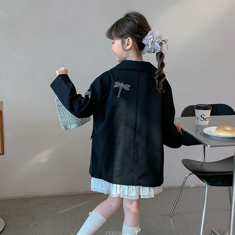 Luxury Kids Blazer Jacket With Dragonfly Crystals For Girls Black Color Formal Party Wedding Coat Clothing For Teenage Child