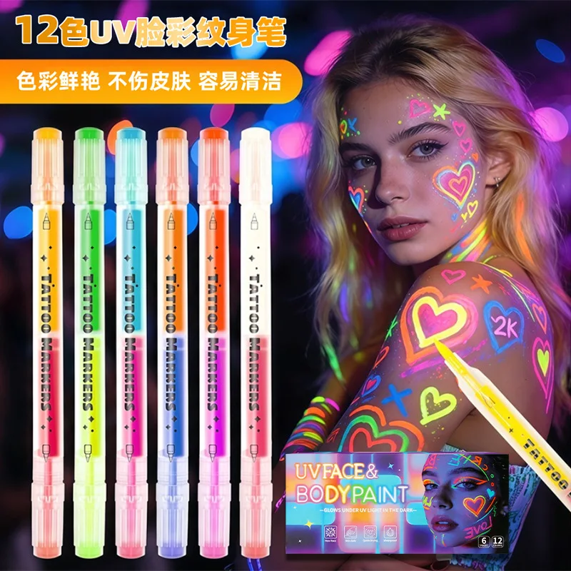 UV Face Paint Pen Temporary Tattoo Marker Washable Fluorescent Body Painting Pen Double Color Party Festival Makeup Art Tool