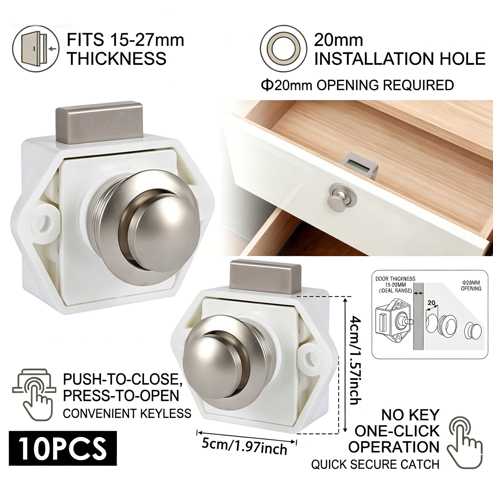 10/5 Stück RV-Druckknopfverschluss, schlüsselloser Griff, 20 mm Loch, 15–27 mm Dicke für Schranktür, Wohnwagen