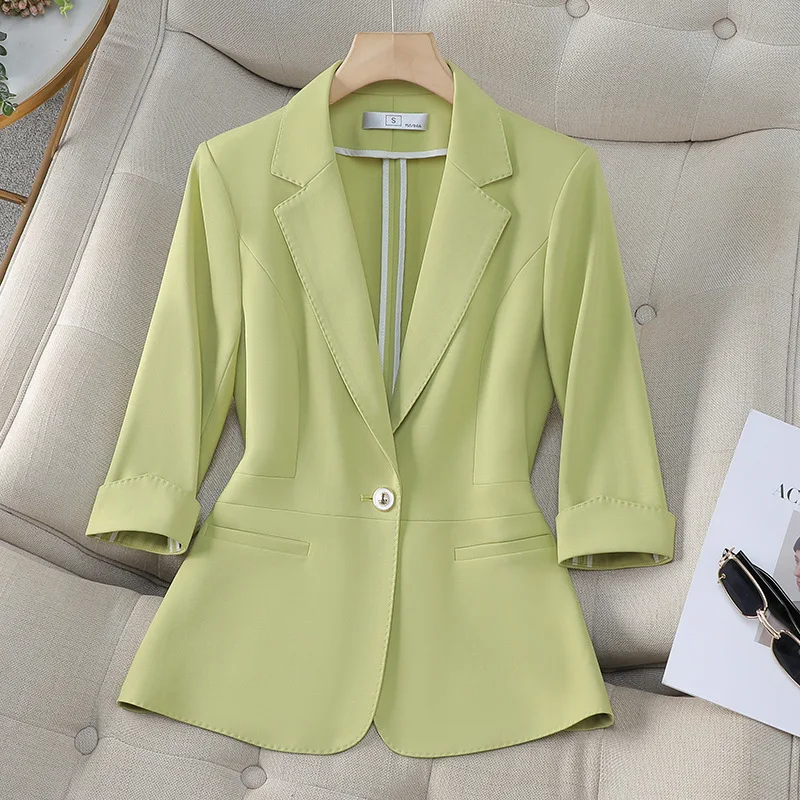 

Women Summer Blazer Thin Green Versatile Small Blazer Seven-quarter Sleeve Suit Top Ladies Business Work Wear Formal Coat Jacket