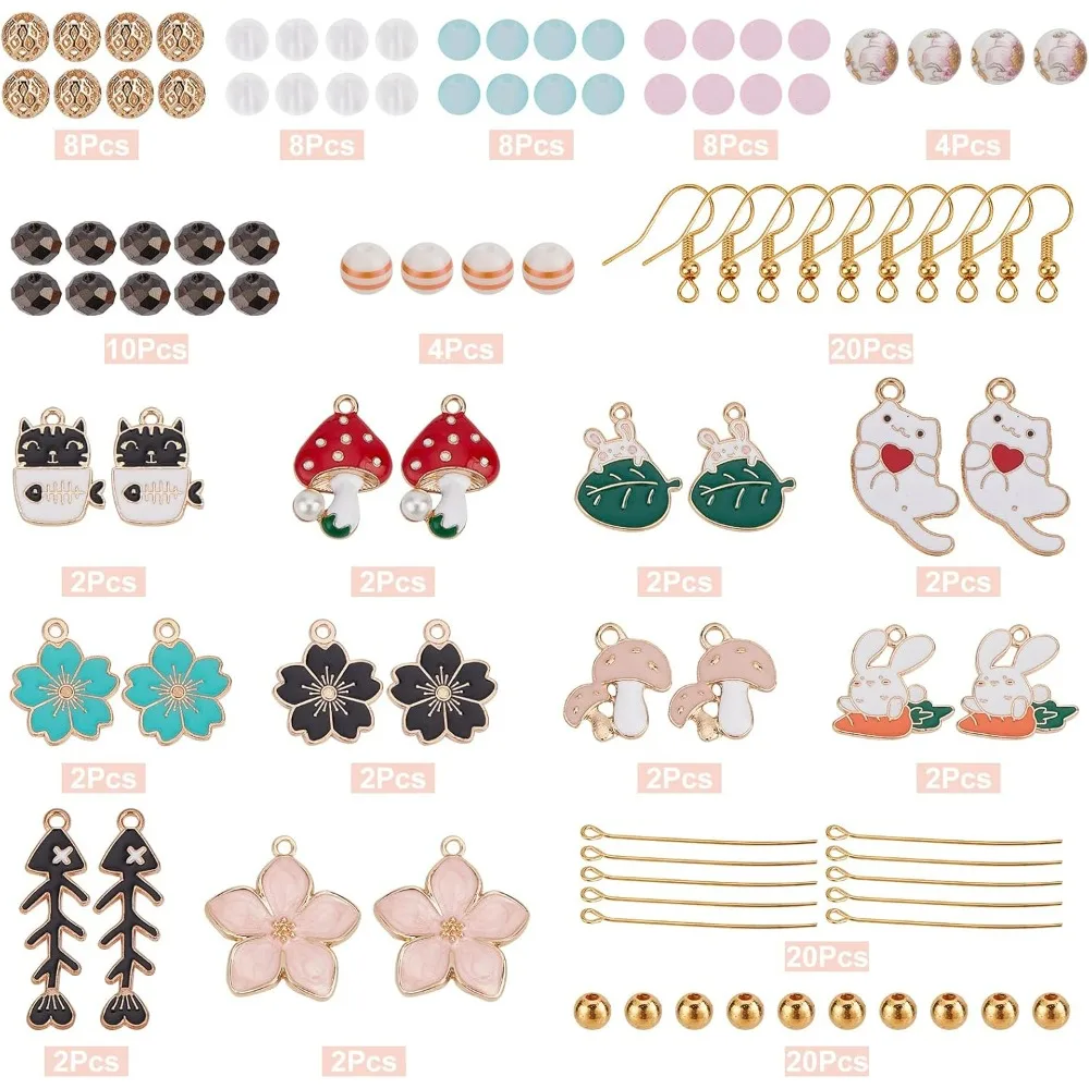 1 Box DIY 10 Pairs Sakura Enamel Charms Easter Rabbit Earrings Making Kit Bunny Charms for Jewelry Making Cat Mushroom Fish Bone