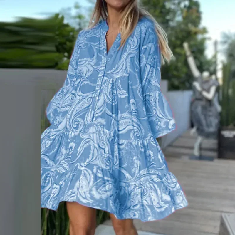 

2024 Spring Summer New Print Loose Dresses Female Long Flare Sleeve Single Breasted Shirt Dress Women Crew Neck Party Vestidos