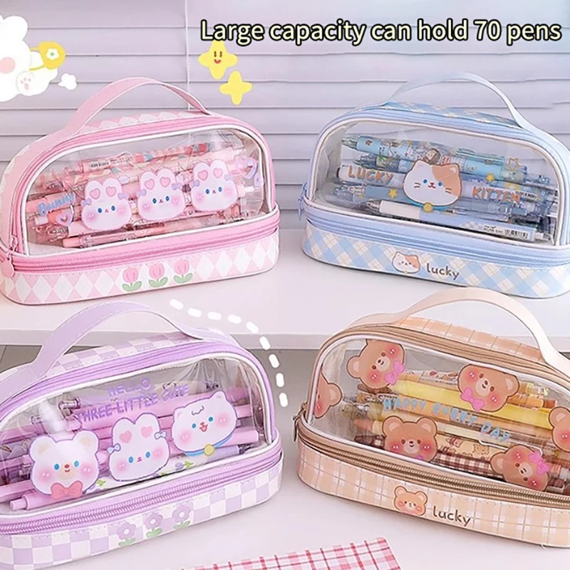 Cute Cartoon Large-capacity Transparent Double-layer Pen Case Dirt-resistant High-color Stationery Storage Pen Bag