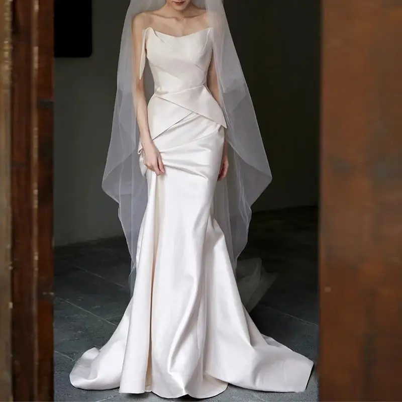 

Sexy Mermaid Wedding Dress Korea Style Strapless Stain Sleeveless Party Dresses vestidos de novia 2024 robe de mariée