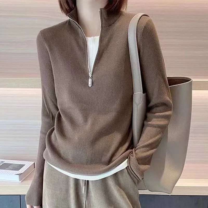 Fake Two-Piece Spliced Half Zipper Stand Collar Wool Knitted Sweater Autumn Winter Slim Fit Pullover Long Sleeved Tops For Women