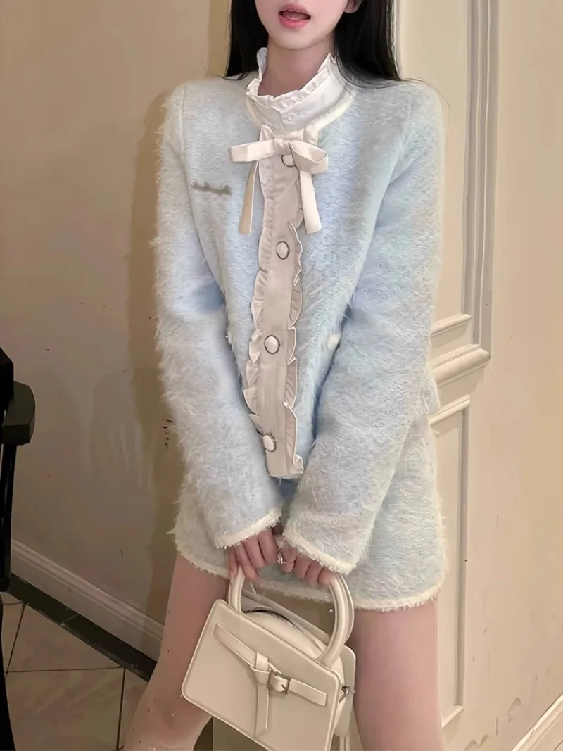 Temperament Fashion Jacket Skirt Two-piece Set Women O-Neck Lace Up Flounce Splice Single Breasted Gentle Blue Slim Spring Suit