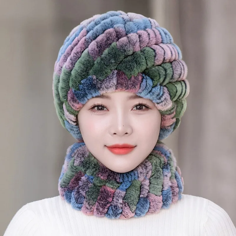 

Fur hat woolen woven net real warm and fashionable women's scarf set