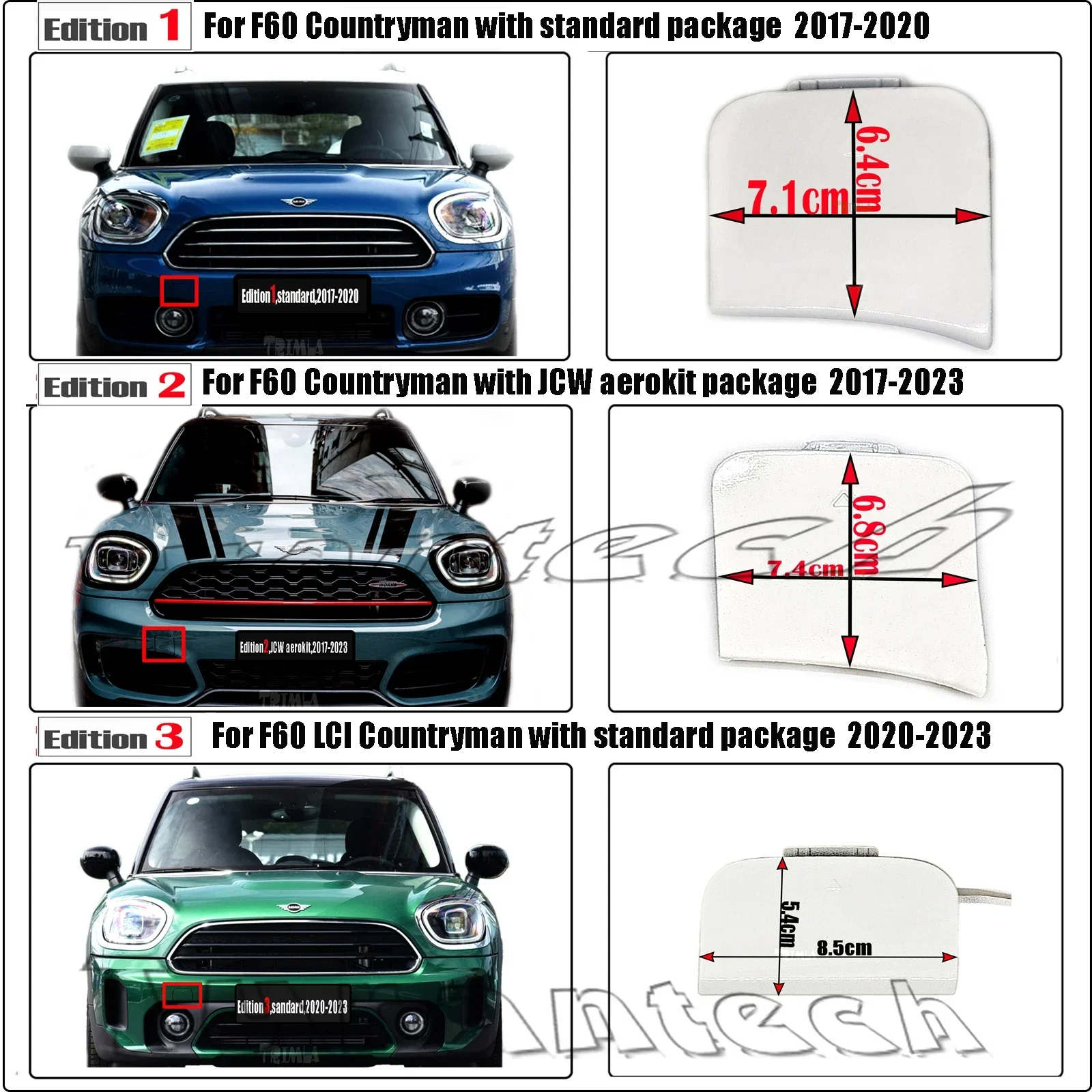 

Front Tow Cover Fit 17-23 MINI Countryman F60 SUV Base Cooper D S SD SE ALL4 One 1.5T 2.01T JCW Hook Eye bumper Towing Cap