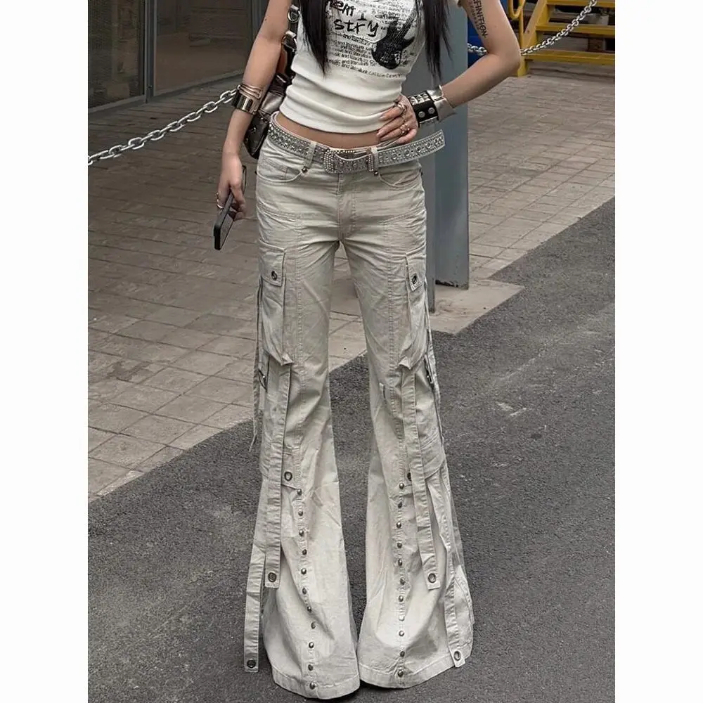 

Уличная одежда с несколькими карманами, винтажные джинсы с высокой талией, женские американские ретро облегающие джинсовые брюки с микро-клеш, утягивающие брюки в стиле панк