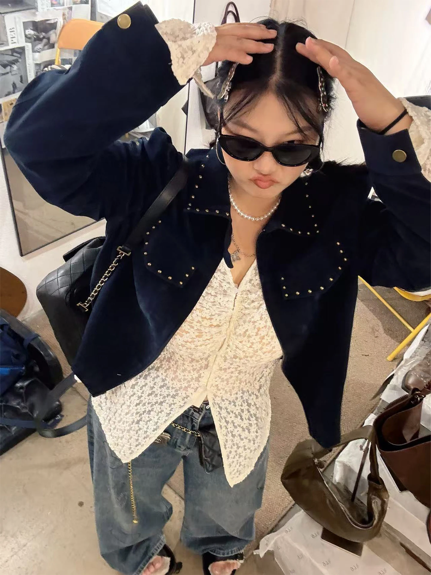 

a Zhou Home plus Size Faux Leather Jacket Women's Short Style Rigid Rivet Matte Finish No Stretch Casual Fashion Polyester Nylon