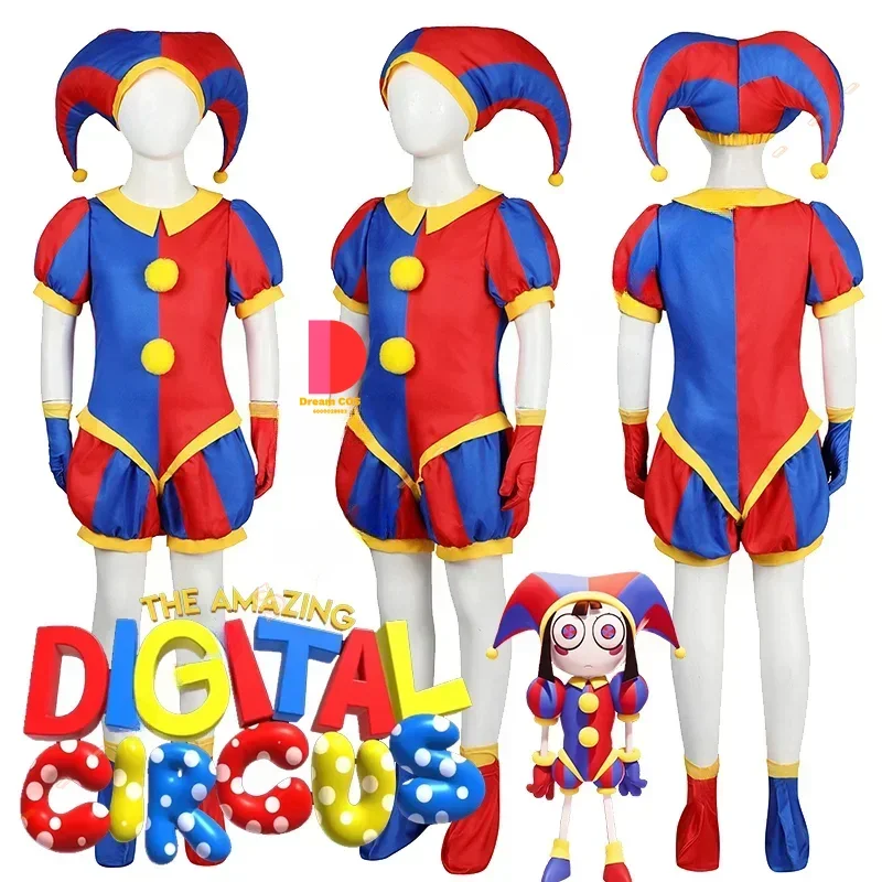 Pomni Cosplay Costume The Amazing Digital Circus Outfit Cartoon Uniform Hat Gloves Halloween Party for Women Men Kids Props