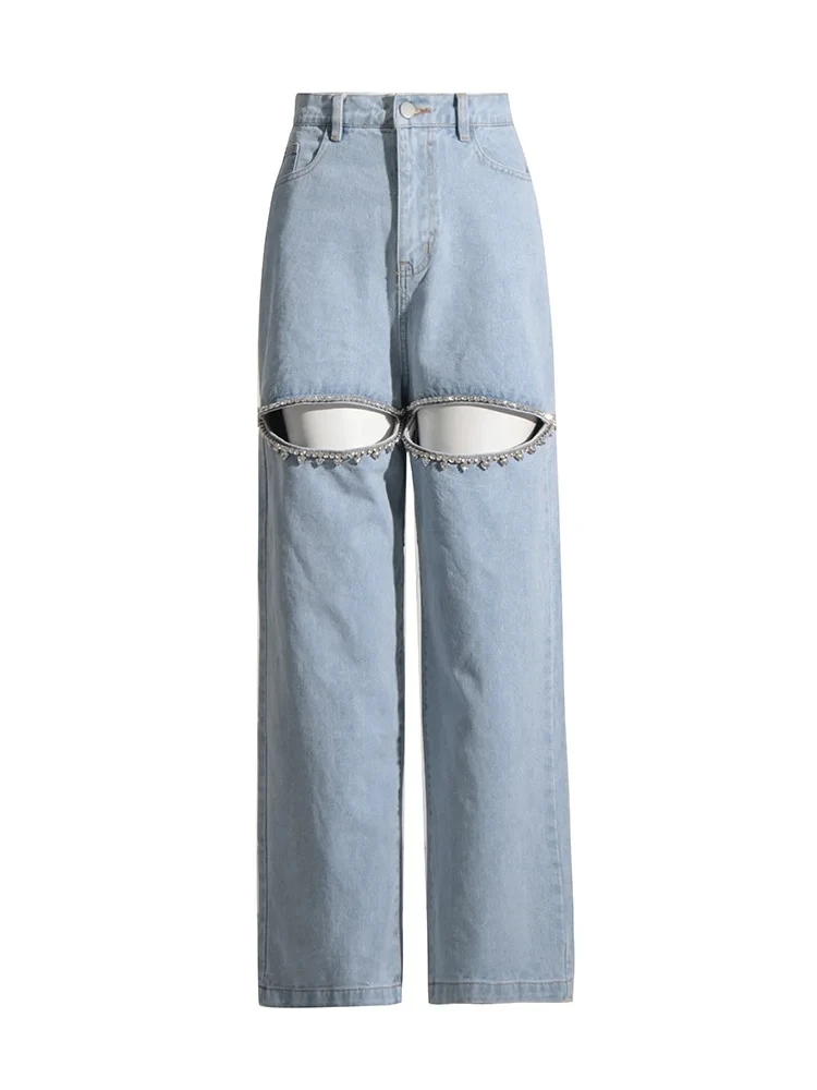 TWOTWINSTYLE Solid Designer Hollow Out Ankle-Length Pant For Women High Waist Patchwork Diamonds Wide Leg Pants Female TPA640161